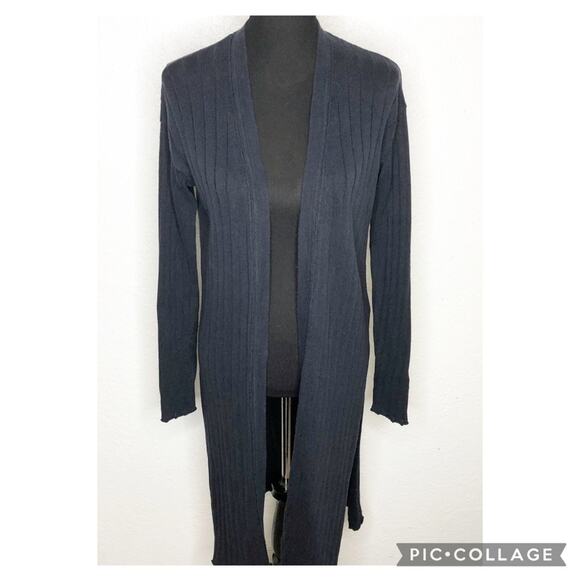 Free People dark blue ribbed linen blend long cardigan size Large - Picture 1 of 12
